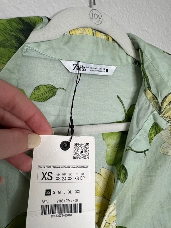 NWT Zara ZW Collection Green Floral Button Down Shirt Dress Midi w/ Belt XS - Picture 5 of 9